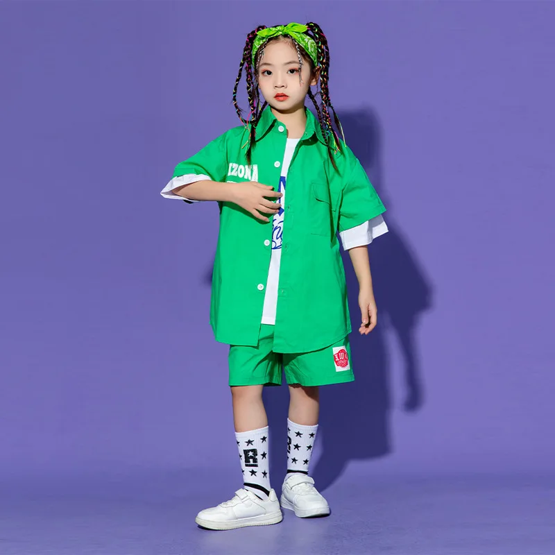 Kid Kpop Hip Hop Clothing Letters Green Shirt Top Wide Casual Street Summer Shorts for Girl Boy Jazz Dance Costume Clothes Set