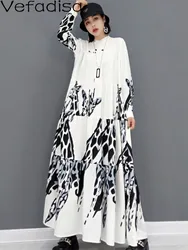 Women Long Sleeves Crew Neck Dress Loose Leisure Mid-length Printing Temperament White A-line Dress 2024 Spring Autumn LHX1756F1