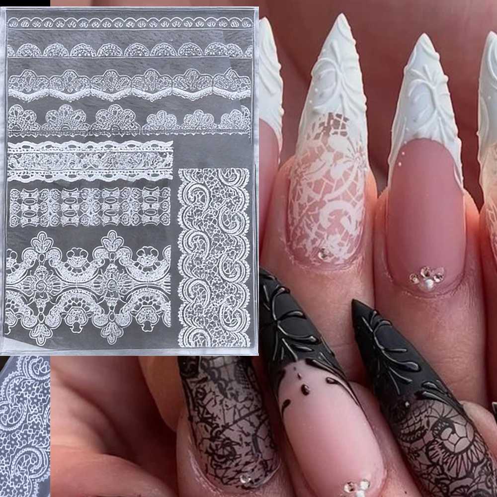 1Pc 3D Soft Silicone Lace Rose Nail Art Mold Ultra-thin French Black&White Lace Pattern Nail Template DIY Sexy Lace Stamp Tool