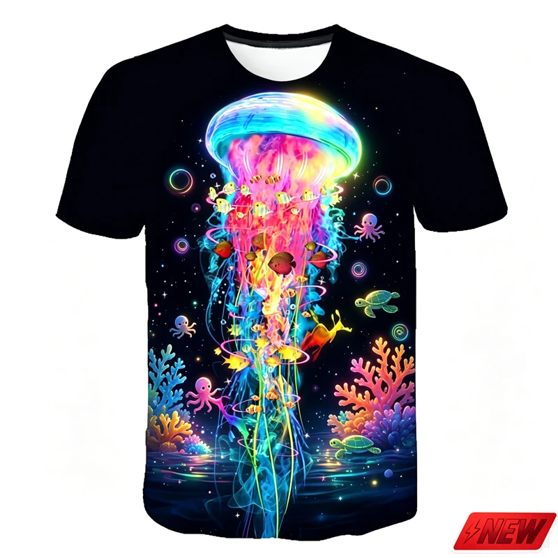 Men 3D Print Crew Neck T Shirt Neon Jellyfish Coral Fish Turtle Octopus Bubble Graphic Tee Summer Casual Short Sleeve Top Unisex