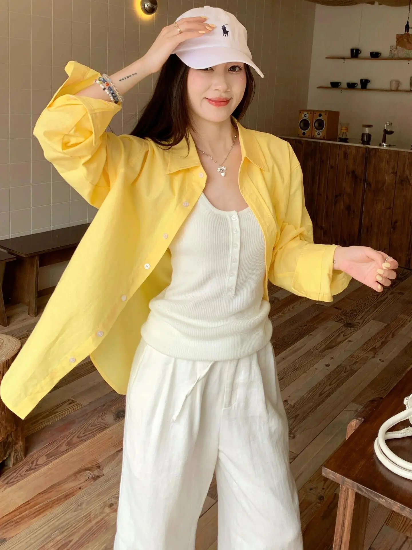 

Свободная желтая женская рубашка с длинным рукавом, новинка весны, в непринужденном стиле, высококачественная, модная, повседневная, из полиэстера, с защитой от солнца