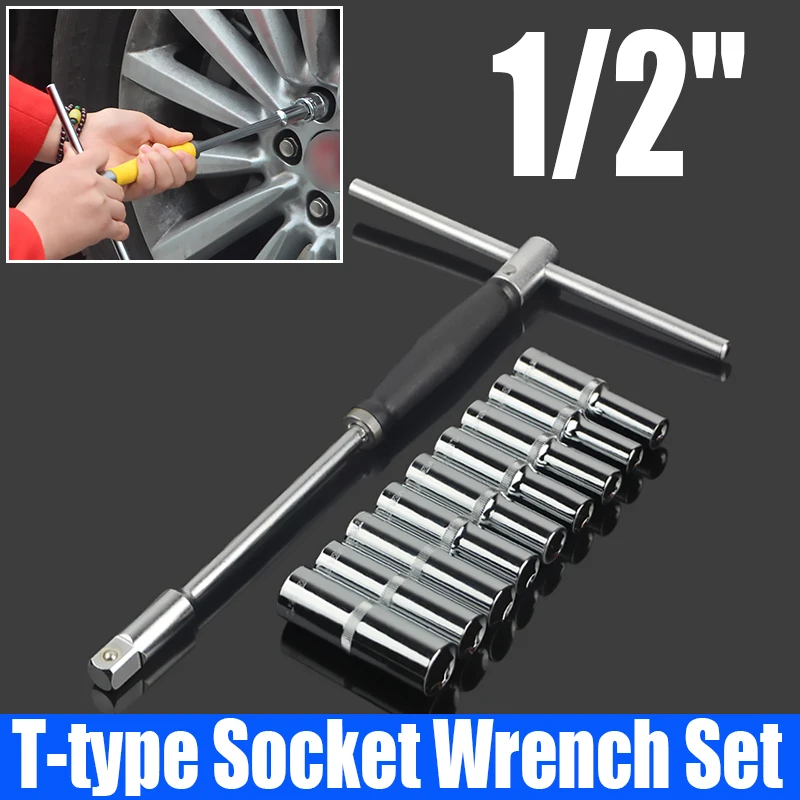 

10PCS T-shaped Socket Wrench Set Removing Tire Hex Socket Wrench Tool 1/2" Ratchet Socket Adapter T-shaped Rod For Auto Repair