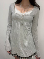 Cuteandpsycho Lace Patchwork Square Collar Sweet T-Shirts Y2K Aesthetic Fashion Long Sleeved Tops Vintage Harajuku Women Outfits