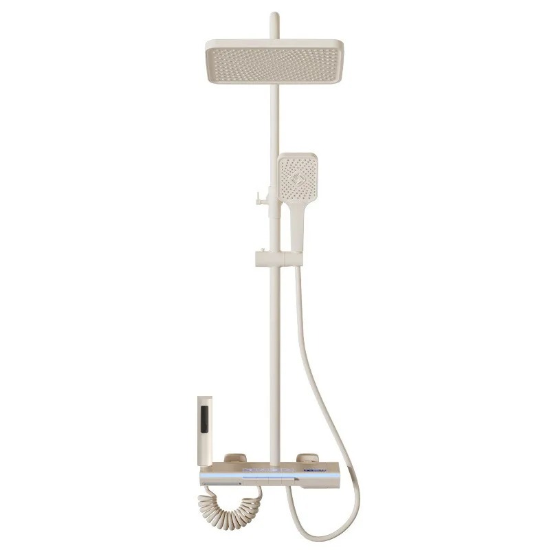 Ivory Ambient Light Brass Thermostatic Shower Set Digital Display Piano Key Showerhead Bathroom Shower Head and Handle Set - view 6