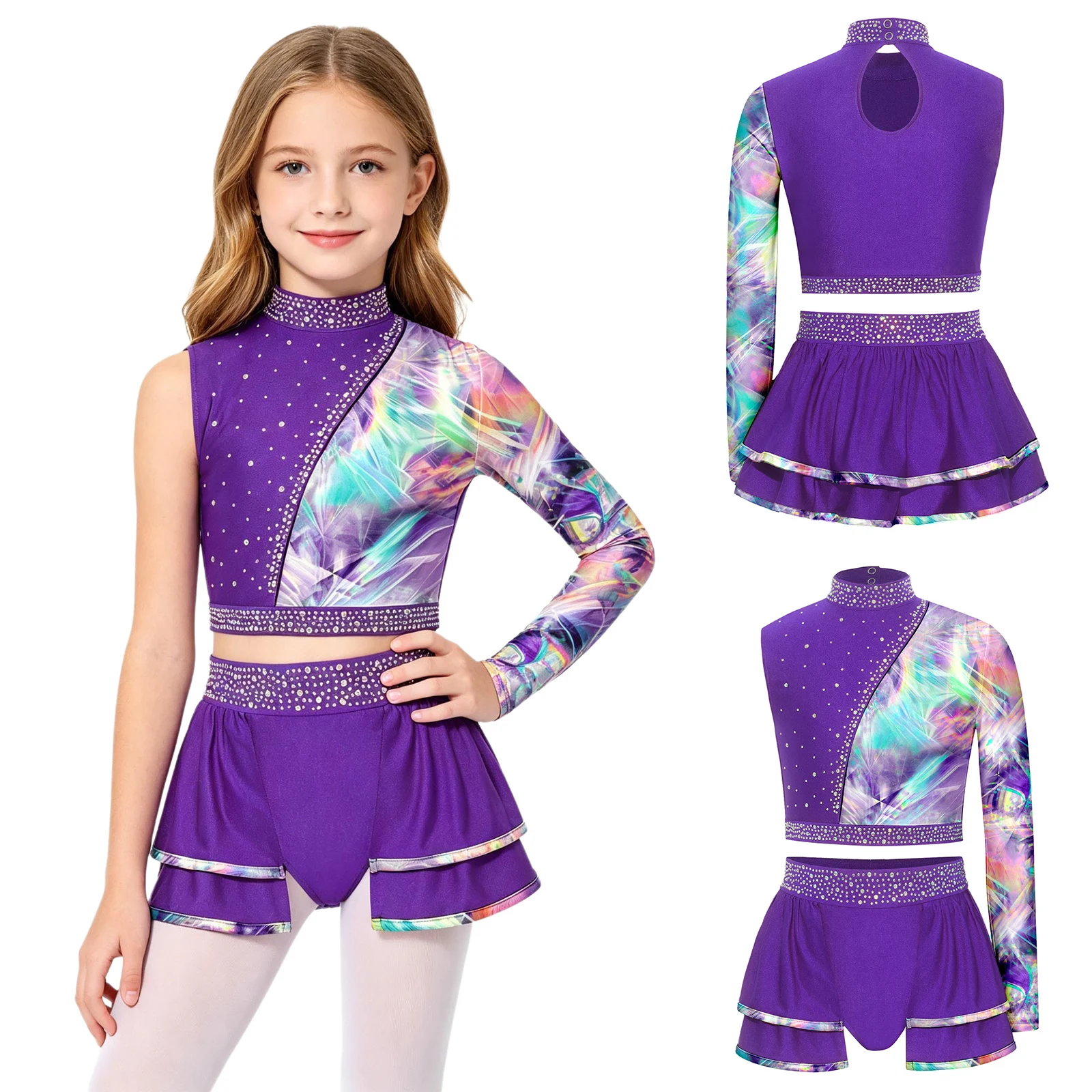 

Kids Girls 2 Piece Shiny Rhinestones Jazz Dance Outfit Asymmetrical Sleeve Deign Left Long Sleeve Crop Top with Skirt Costumes