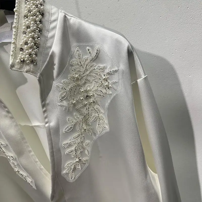 Yupi Avant-Garde Pearl Stand Collar Flower Beads Design Brocade Long-Sleeved Shirt Men's High-Grade Ruffle Handsome Fashion