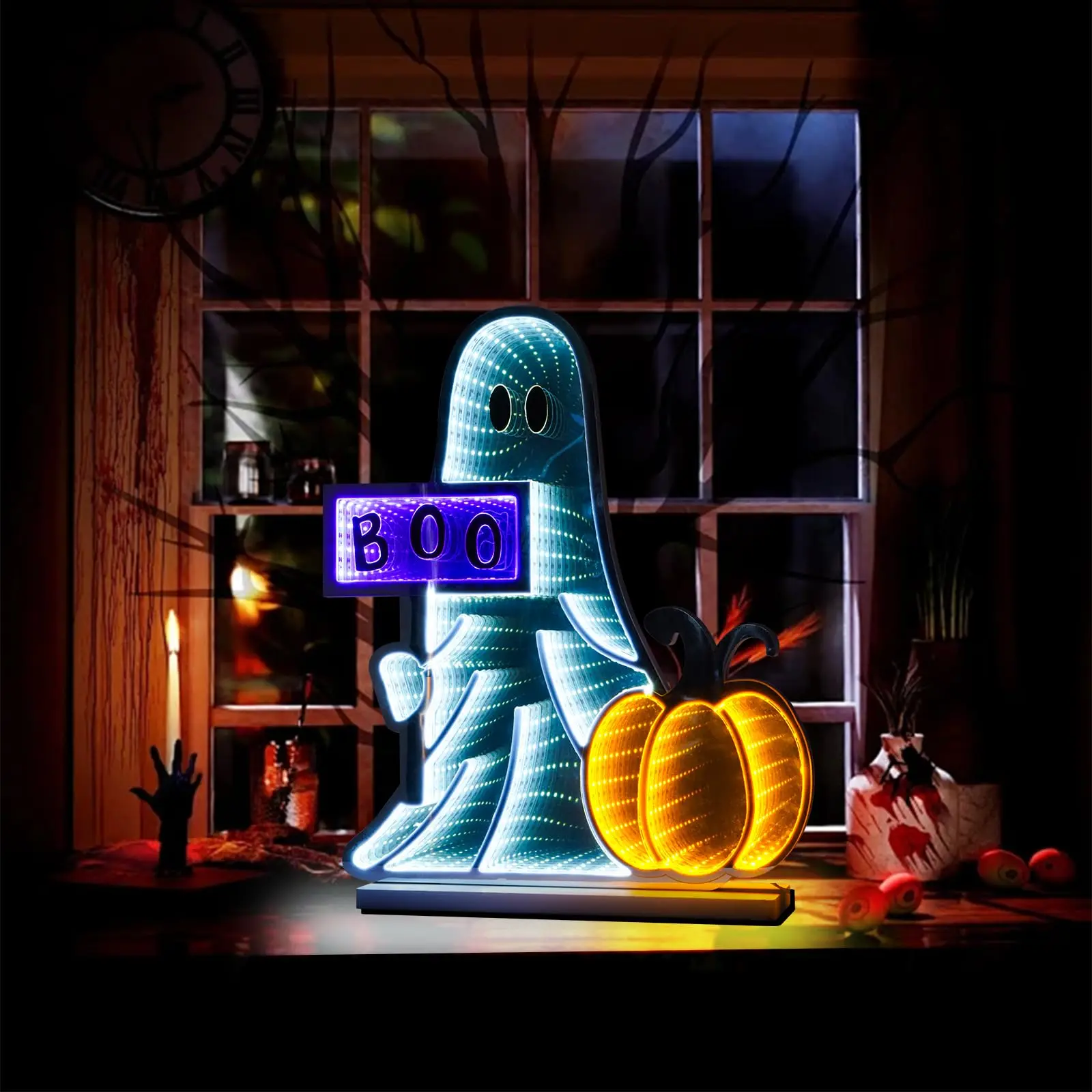 3D Mirror Tunnel Light Ghost Pumpkin Neon Sign Lighted USB Powered Wall Decor for Cute Spooky Boo Sign Halloween Party Shelf Hom