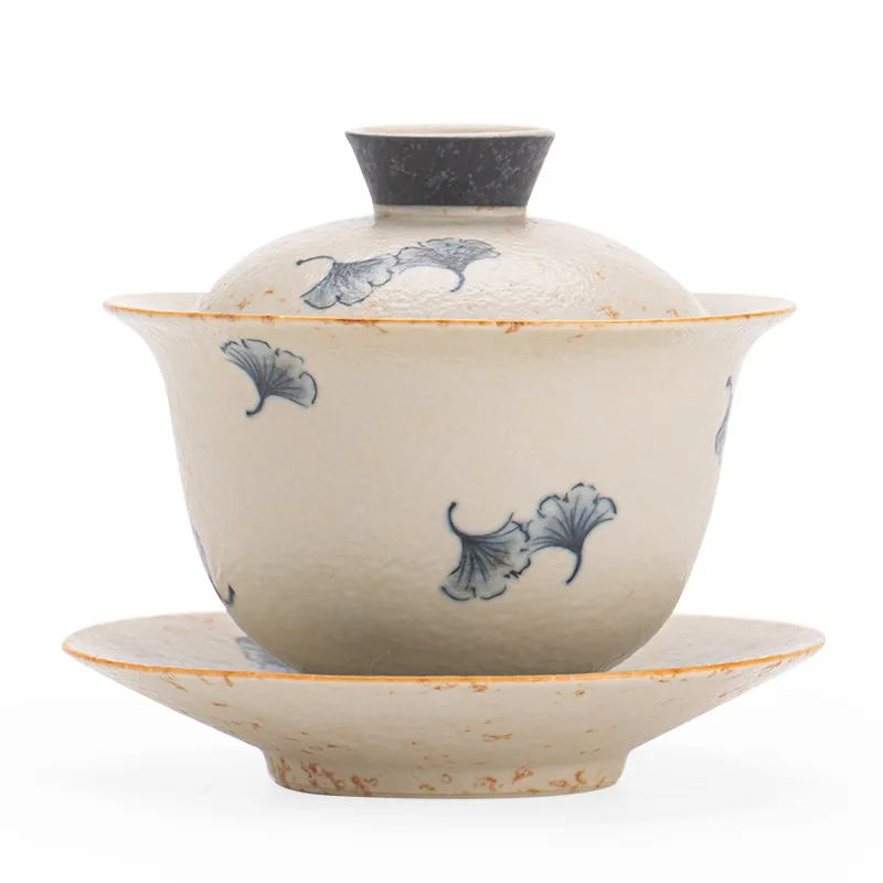 Blue and White Firestone Red Lid Bowl Three-Talent Lid Tea Brewing Bowl Ceramic Exquisite Tea Bowl Gaiwan