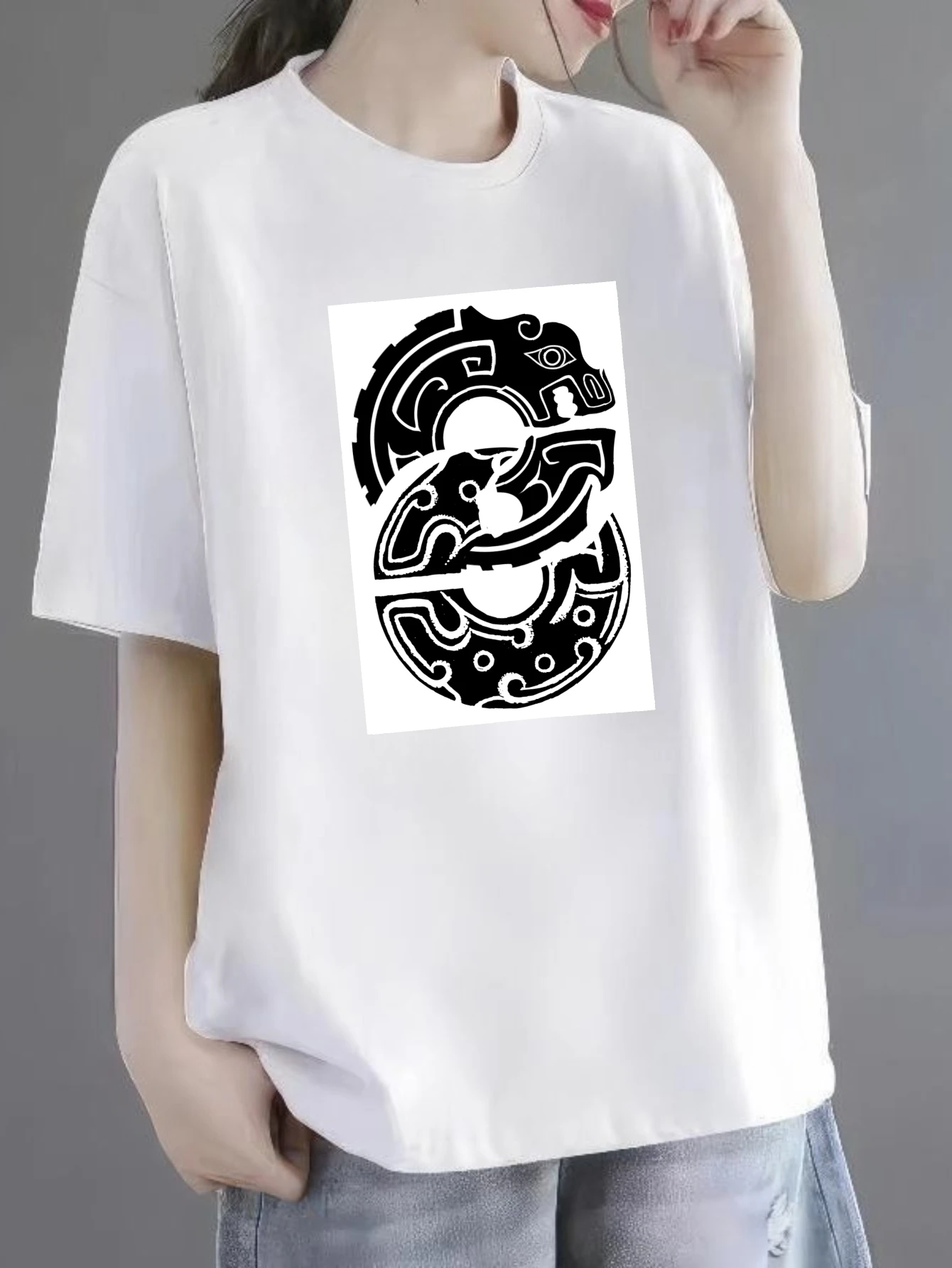 

Women's T-shirts Chinese style four seasons Streetwear summer Casual 100% cotton Abstract Tribal Art Design printed tee y2k t