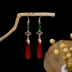 New Retro Chinese Style Auspicious Cloud Earrings Qipao Ancient Red Droplet Green Gemstone Women's Earrings