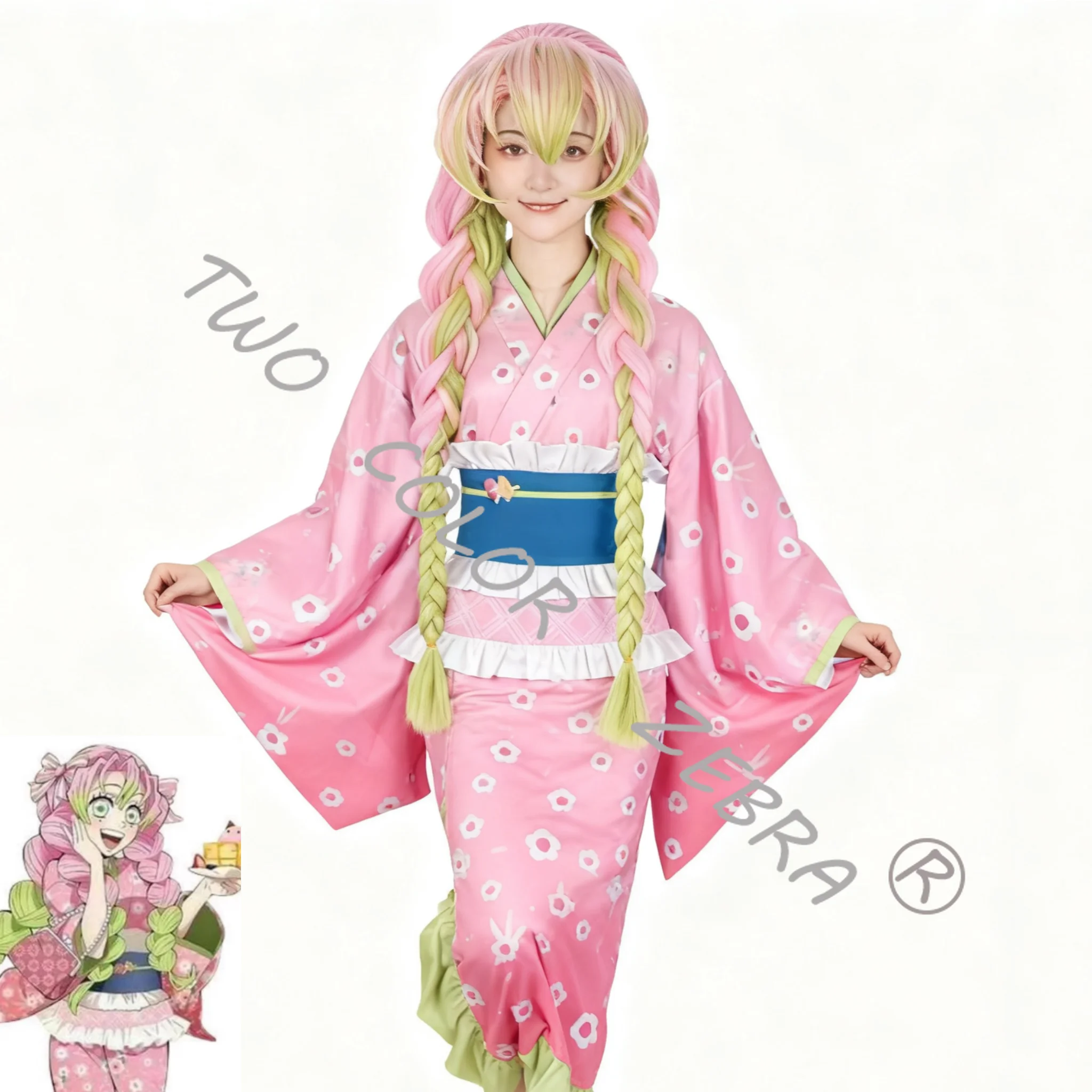 Kanroji Mitsuri 코스프레 의상 가발 핑크 기모노 드레스 복장 할로윈 파티 역할 놀이 여성 의류 세트