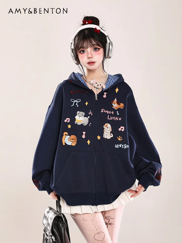 

2025 Spring and Autumn New Sweet Cute Cartoon Embroidered Hooded Long Sleeve Sweatshirt Loose Plaid Casual Daily Patchwork Top