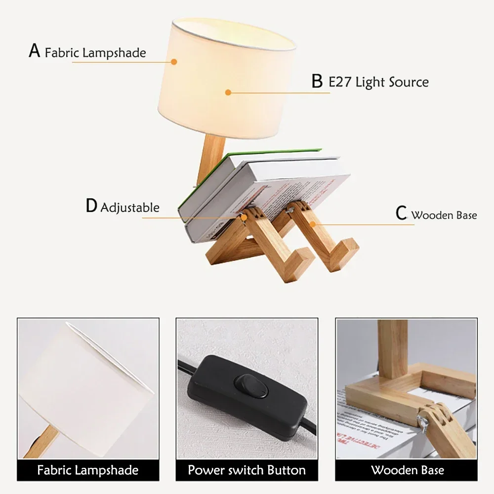 Creative Table Lamp Wooden Robot Shape LED Nordic Art Desk Lights/ Eye Protection Reading&Bedroom Desktop Night Light Home Decor