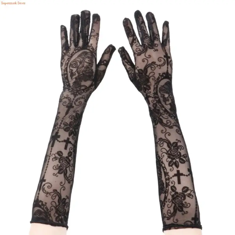 Q5WE Breathable Skull Crossbone Pattern Gloves Role Playing Accessories For Cosplay Event And Spooky Themed Celebrations