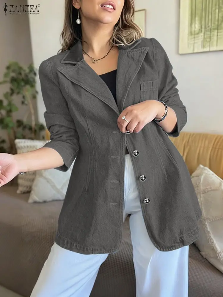 

ZANZEA, осенний элегантный пиджак, женские однотонные пальто с длинными рукавами, мода 2025 года, повседневные офисные женские верхние пальто с лацканами, свободная уличная одежда