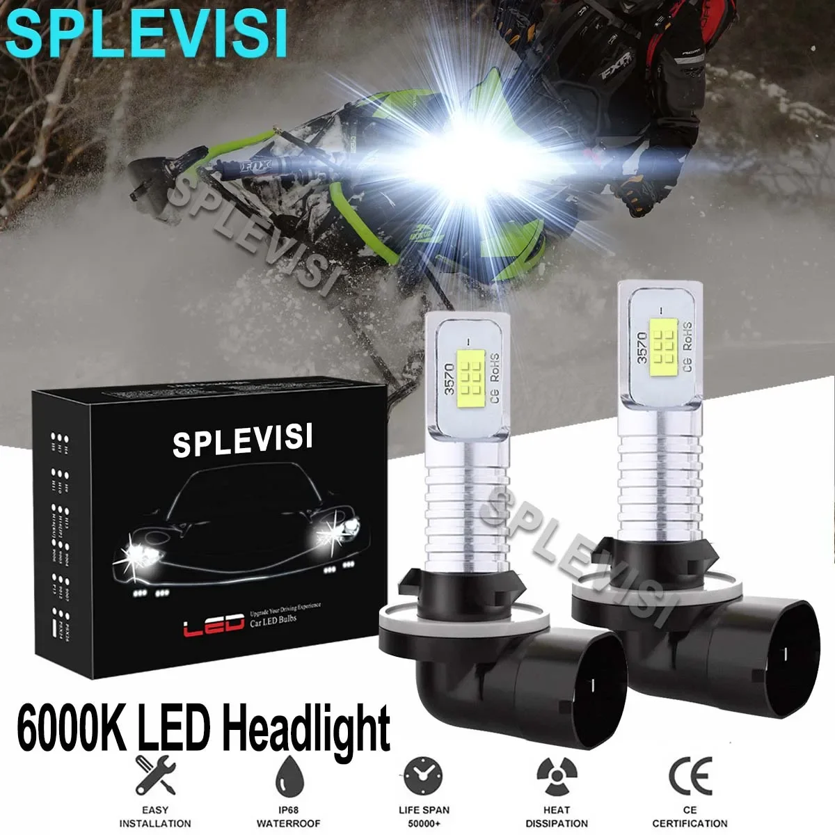 

2x70W 6000K Pure White LED Headlights Bulbs Kit For Arctic Cat M5 M6 M7 M8 Firecat 500 600 700 F5 F6 Snowmobiles