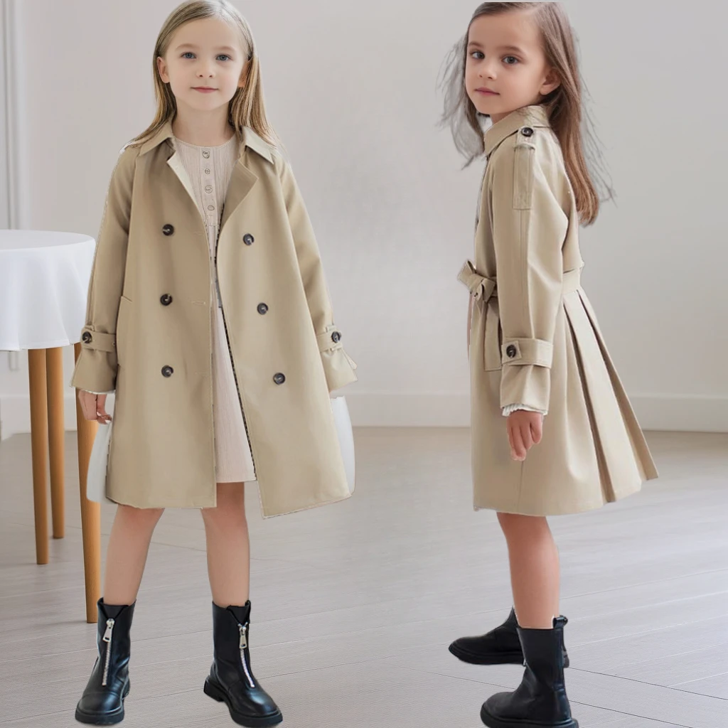 2025 primavera meninas trench coat moda cáqui trespassado adolescentes escola crianças roupas casuais all-match crianças longo outerwear