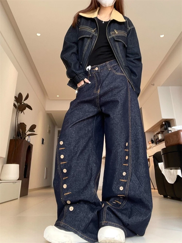 

Women's Button Pattern Wide Leg Loose Jeans High Waist Large Size Trousers Cool Girl Casual Bottoms Female Summer Curved Pants