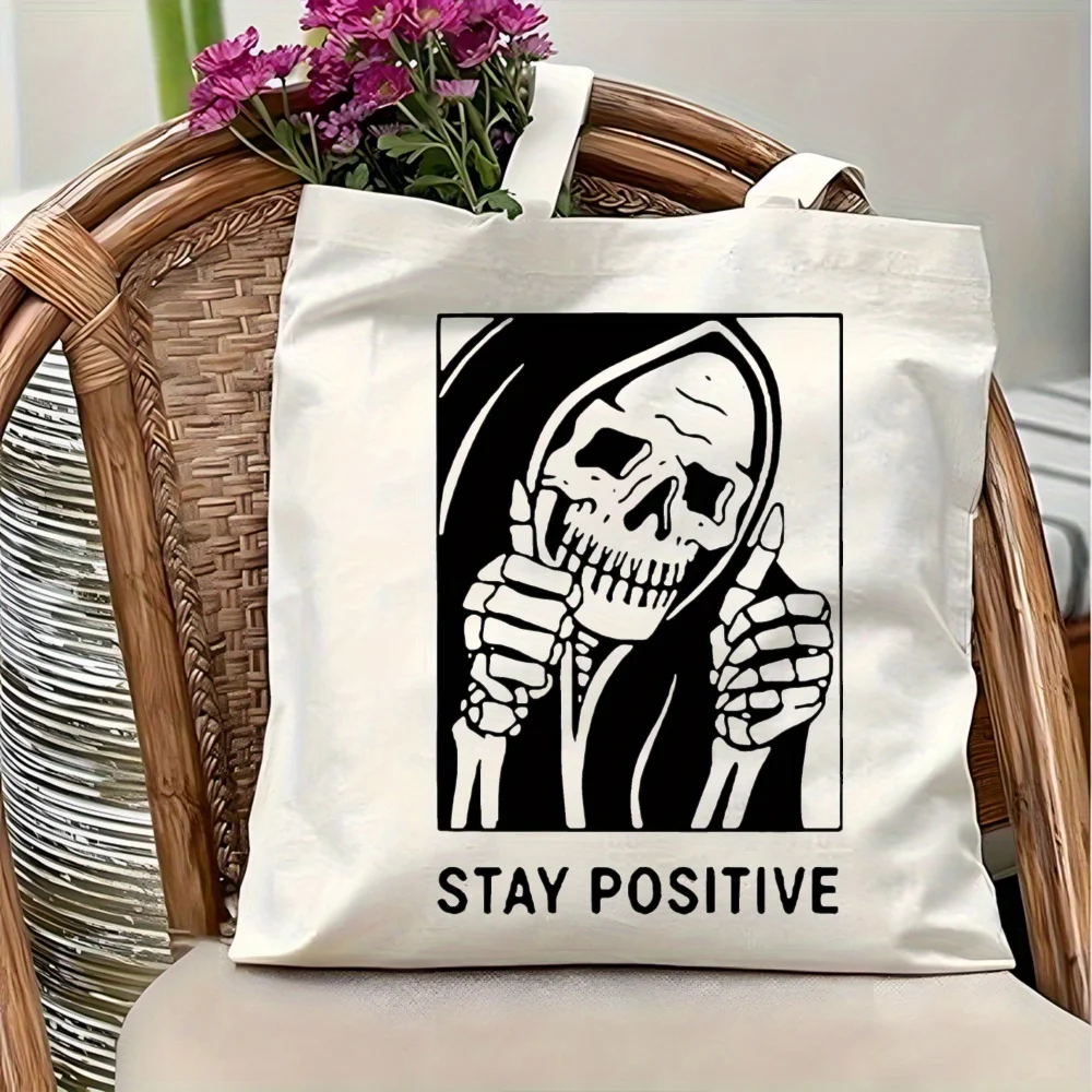 1pc Skeleton Funny Slogan Tote Bag, Shopping Bag,Suitable for Daily Use, School, Travel,A Unique Gift for Dark Style Enthusiasts