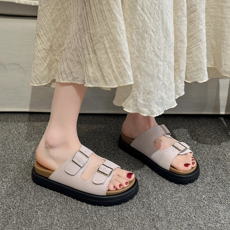 2024 Fashion Lady Flats Sandals Women Leather Cork Slippers Summer Arch Support House Shoes Female Unisex Classic Beach Slippers