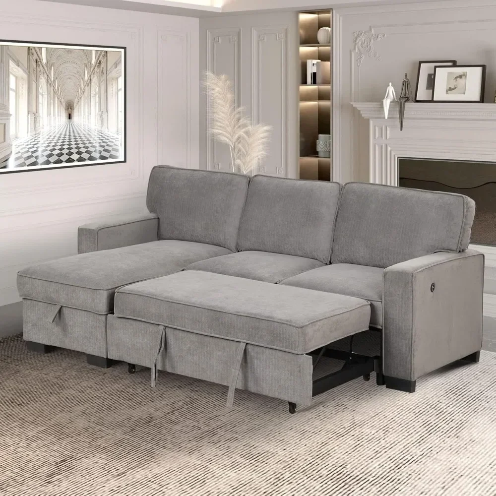 Convertible sofa bed 3-in-1 with modern L-shaped sofa, pull-out sofa bed with storage, USB port in bedroom, cup holder