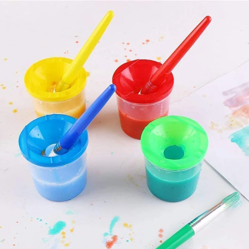 9 Pcs No Spill Paint Cups Set With Paint Brushes And Paint Tray Palette, Paint Cups With Lids For Kids Art Painting