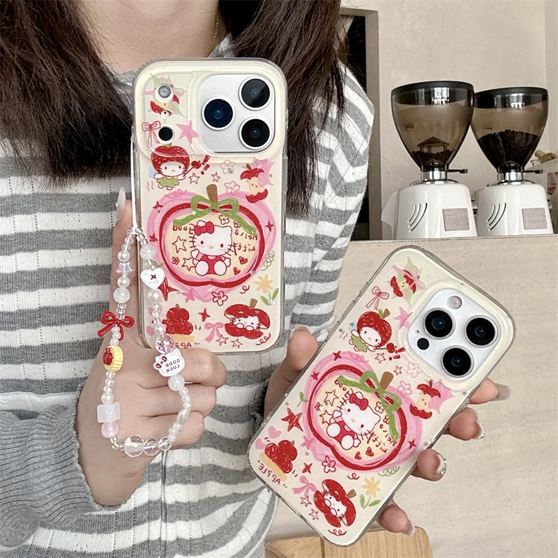

Fashion Cute Cartoon Hellokitty Phone Case For iPhone 17 Pro 16 15 14 Pro Max Cover with Chain Strap Shockproof Cases Lovely Cap