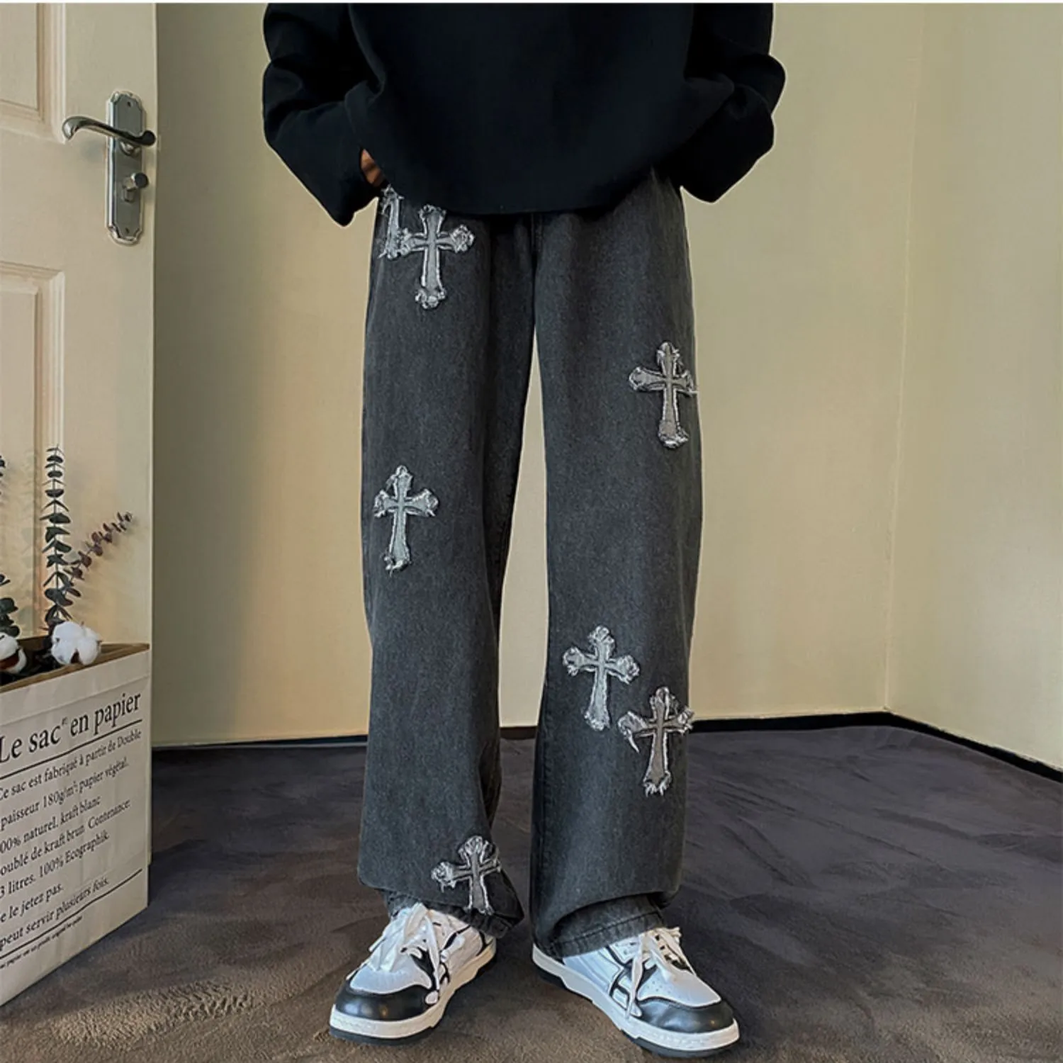 Cross Borduurwerk Hiphop Jeans Vrouwen Herfst Wassen Amerikaanse Rechte Pijpen Broek Mannen En Vrouwen Vibe Hoge Taille Broek