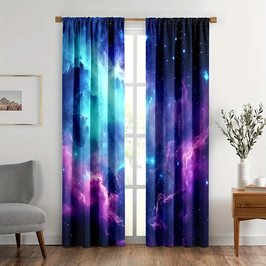 2pcs Blue Purple Galaxy Curtains Universe Fantasy Starry Sky Star Nebula Rod Pocket Outer Space Bedroom Decor.