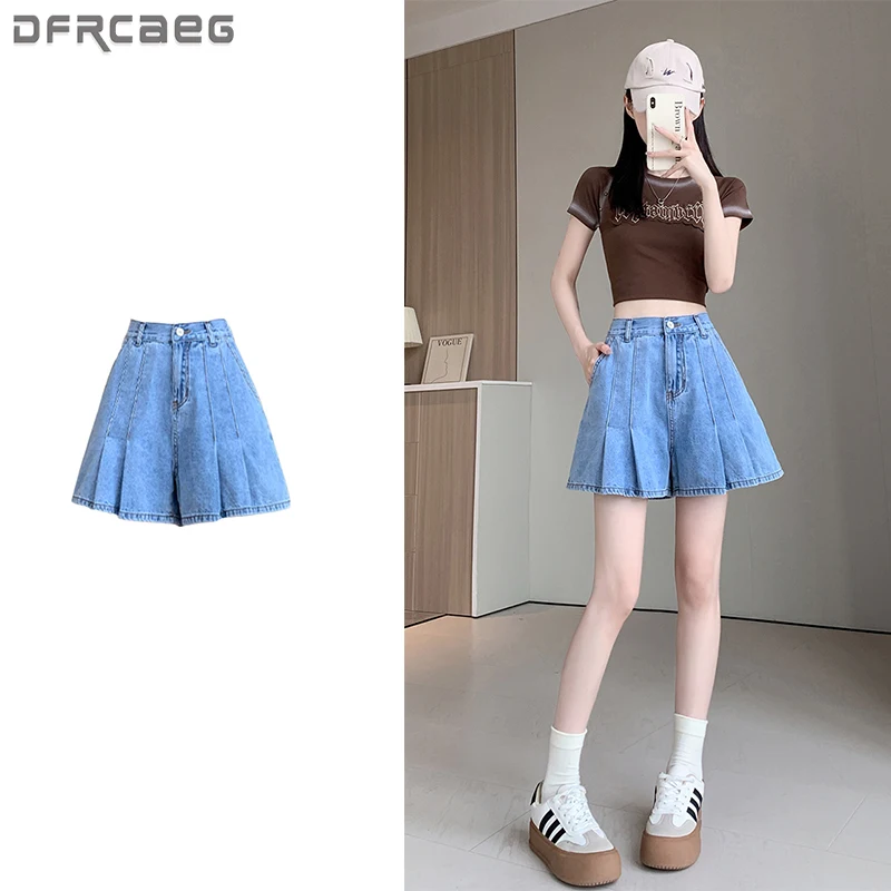 L-6XL حجم كبير الدنيم السراويل للنساء صيف 2025 السماء الزرقاء أو الأزرق اللون واسعة الساق فضفاضة مطوي شورتات جينز صغيرة النساء الجينز