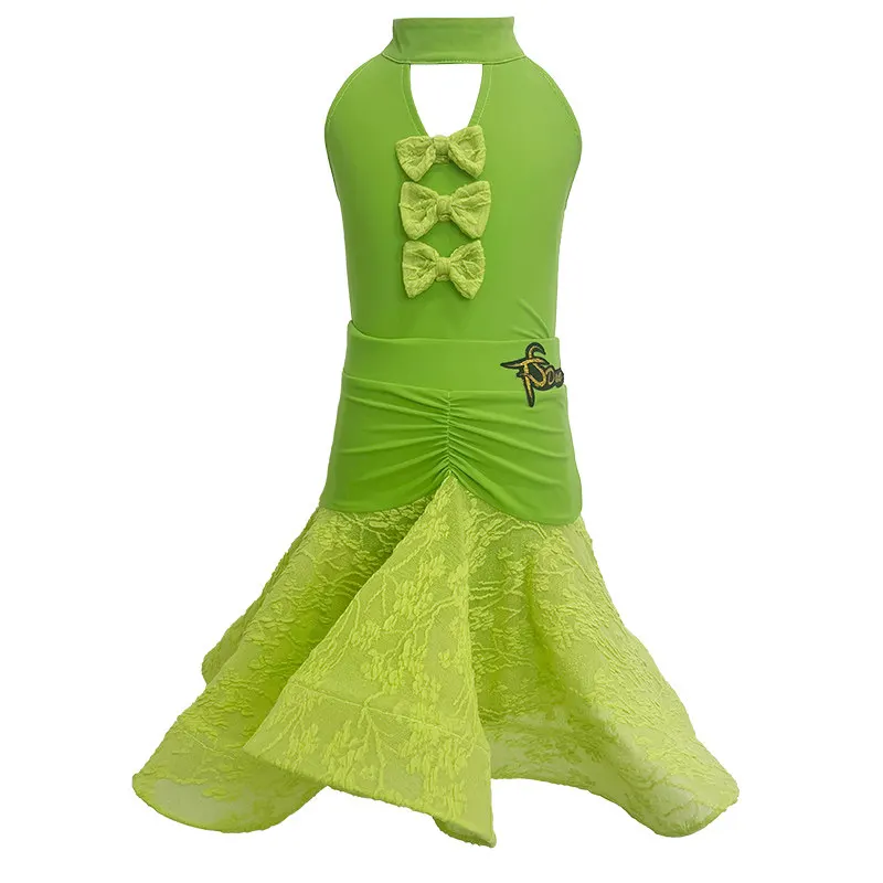 

Children's Latin Dance Spring/Summer Girls' Bow Strap Playful Green Practice Dress Performance Dress