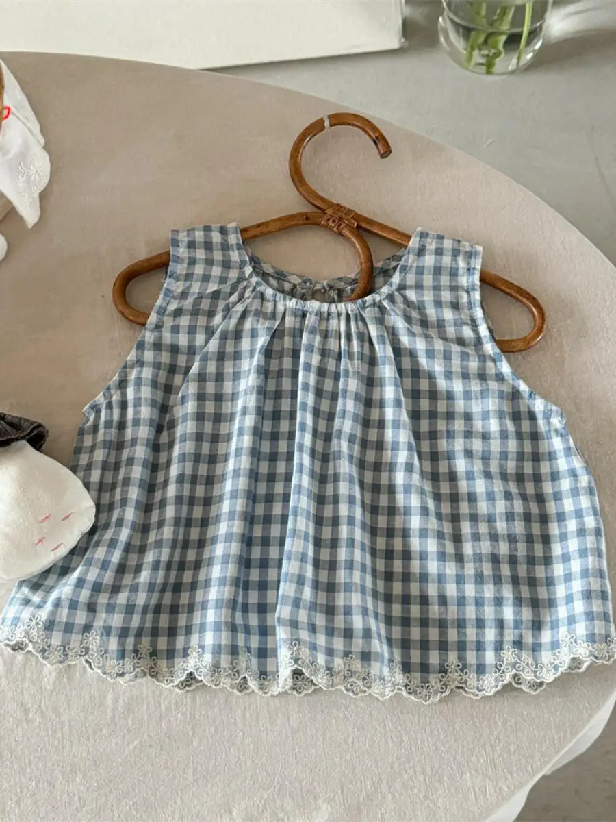 女の子用サマープレイドベースTシャツ、スウィートフレキシブル韓国デザイン子供服、2025年新作、ノーブランド