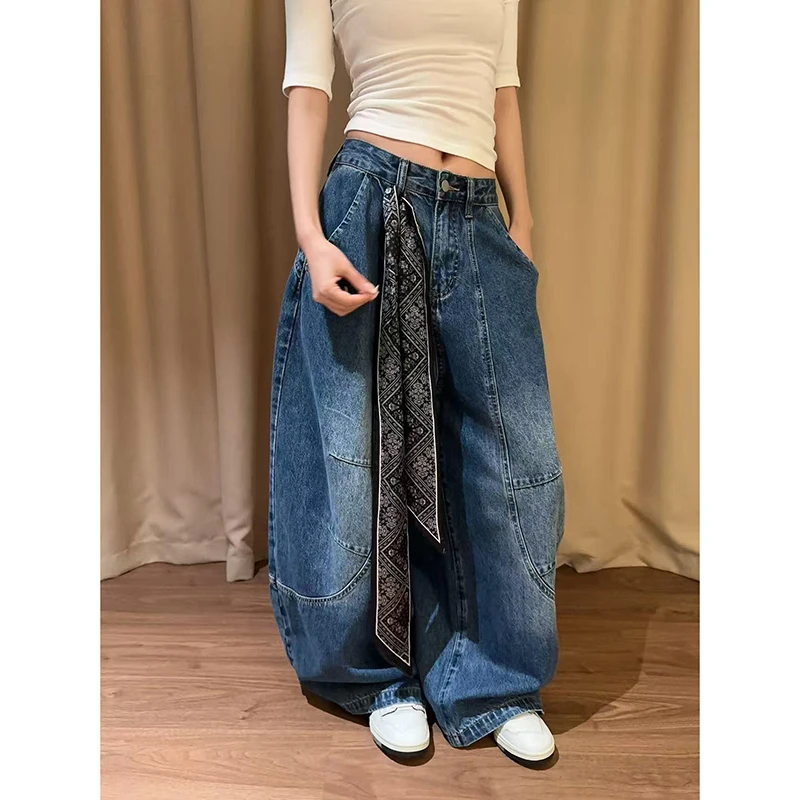 여성 빈티지 블루 배기 진 스트리트웨어 Y2K 2000년대 하이웨이스트 루즈 캐주얼 와이드 레그 팬츠 아메리칸 레트로 보이프렌드 바지