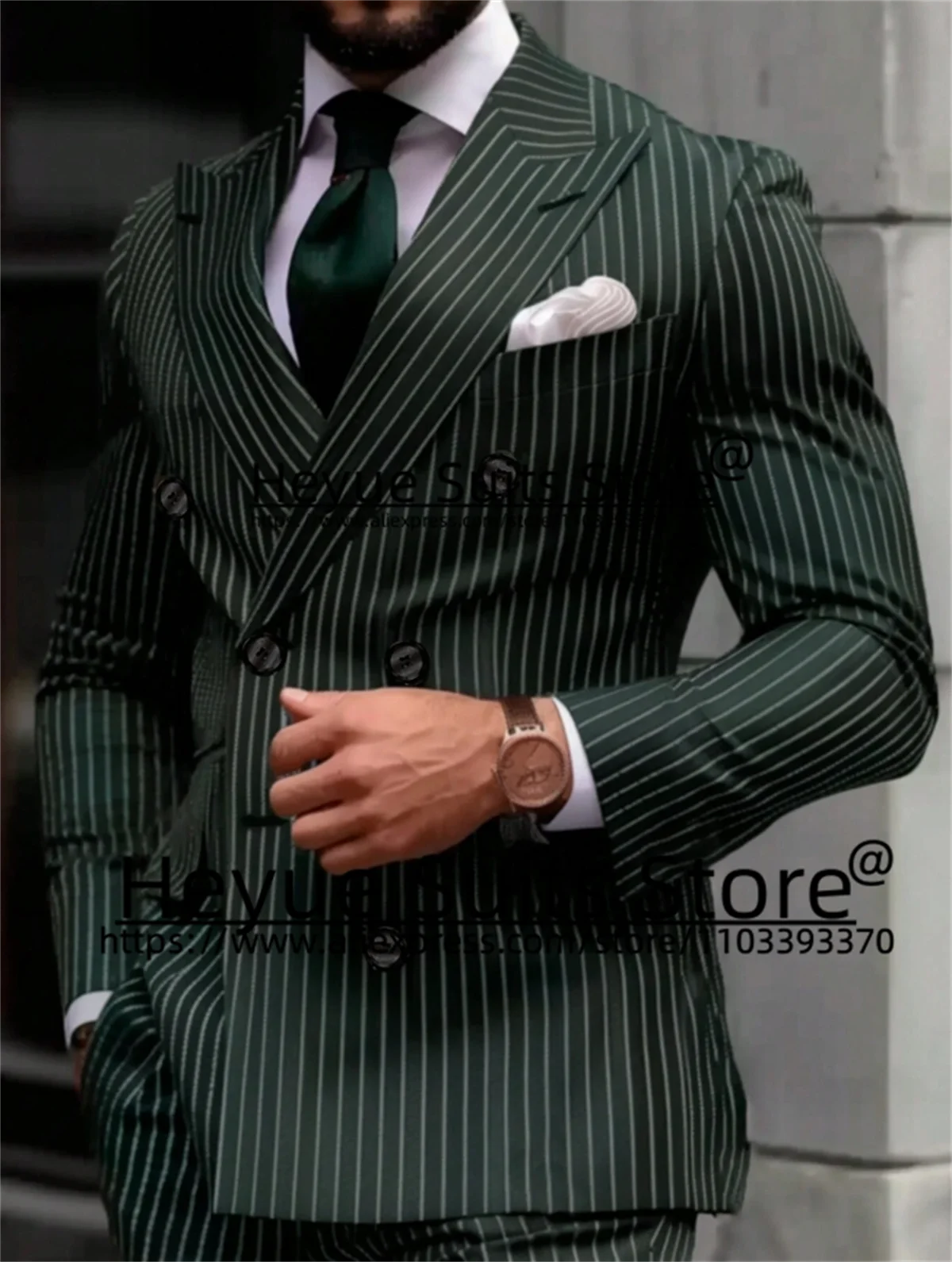 Handsome Green Stripe Wedding Suits For Men Slim Fit Double-breasted Groom Formal Tuxedos 2 Pieces Sets traje de hombre elegante