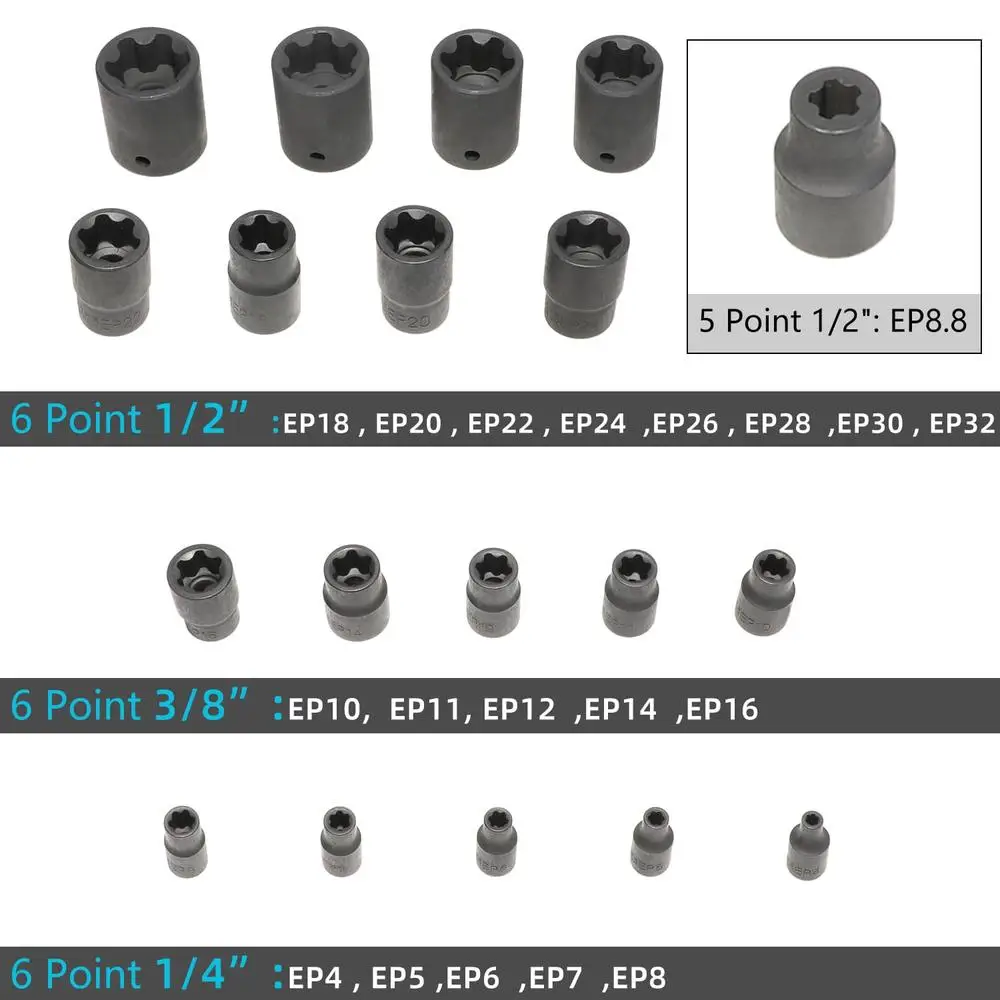 Externe Torx Plus dopsleutelset 6-punts EP autoreparatieset EP4-EP32 Tesla Nissan Honda Ford slagmoersleuteldopset Kit