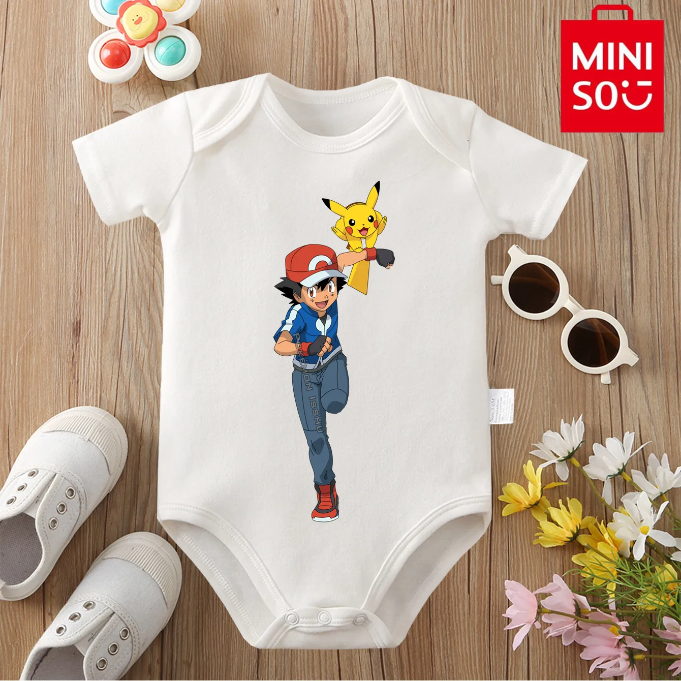 

MINISO из чистого хлопка Пикачу Кетчум с милым принтом, удобные тканевые боди для малышей, комбинезон-комбинезон для новорожденных от 0 до 12 месяцев