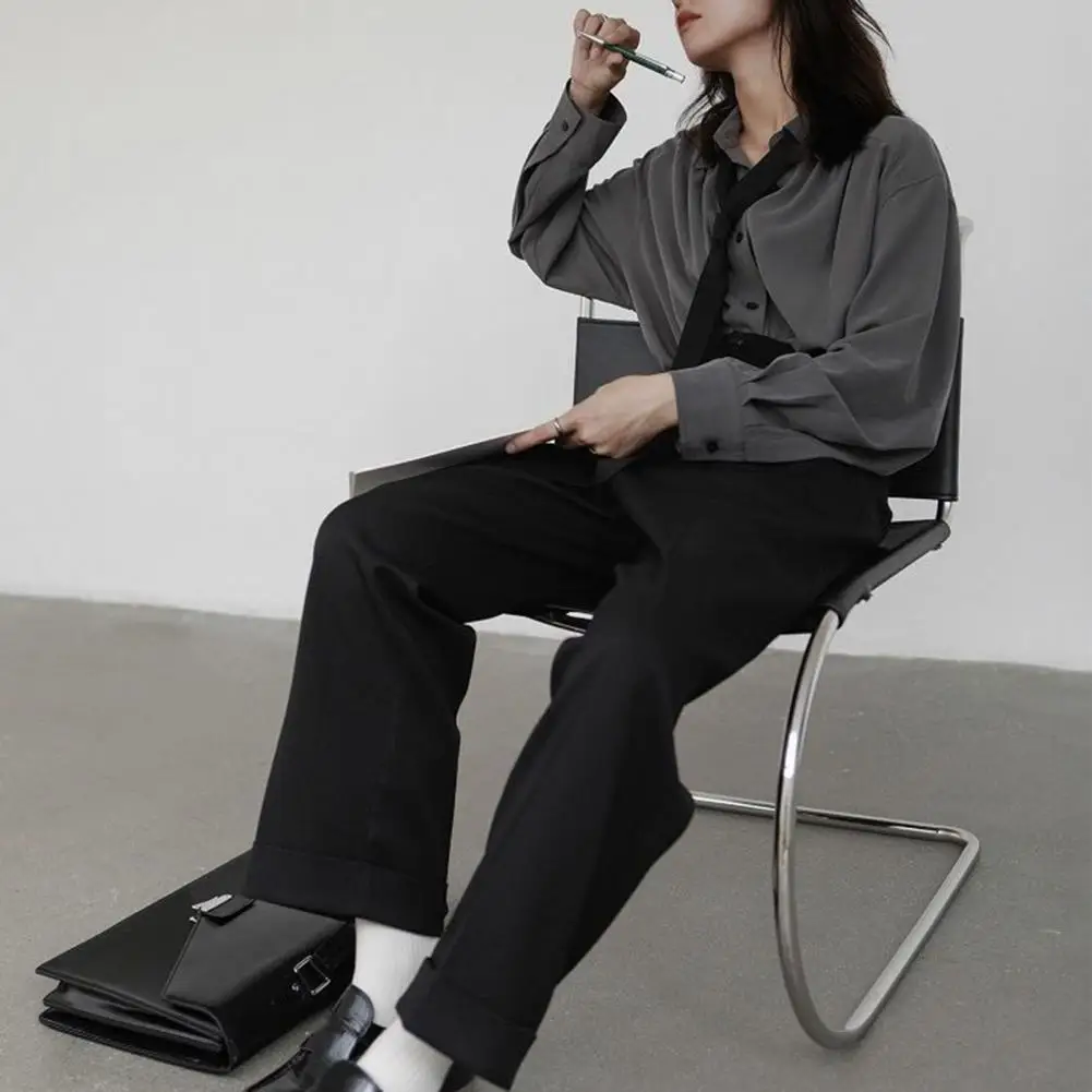

Women Shirt Long Sleeve Lapel Blouse Tie Design Casual Shirt Loose Fit Button Placket Office Shirt Solid Color Women Top