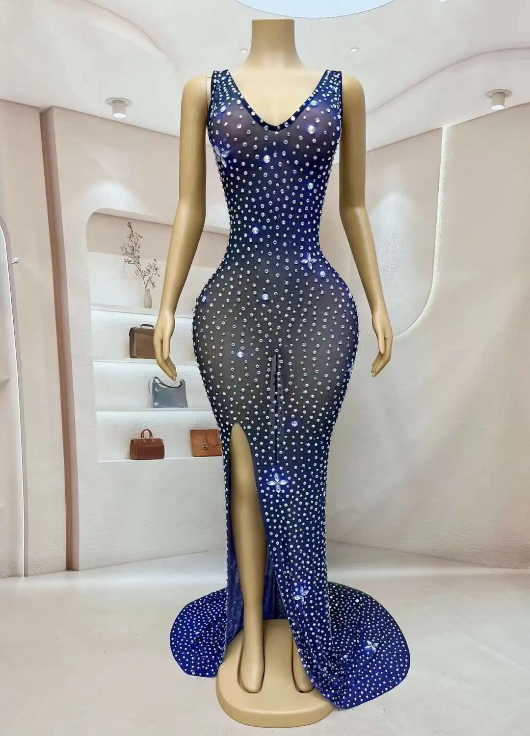 Shiny Blue Rhinestones Long Dress Elastic Mesh Dress Women Stage Performance Model Catwalk Prom Celebrate Photoshoot Dress