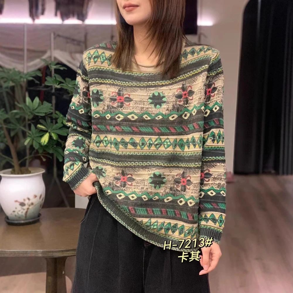 

Knitwear 2024 Woman o Neck Full Ruched Regular Lyocell Print Pullovers Outerwears Limited