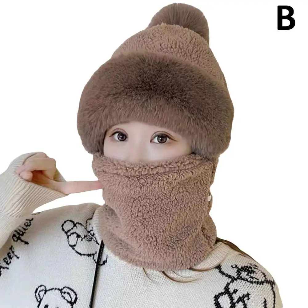 Winter Knitted Hat Scarf Mask One-Piece Plush Pompom Beanies for Women Fleece Lining Warm Bonnet Ears Neck Protection Skiin B2E3