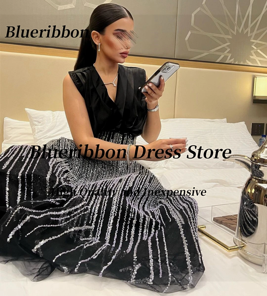 Blueribbon تألق خط طويل فساتين لحضور الحفلات الموسيقية Ruched الخامس الرقبة حفلة عيد ميلاد السيدات ارتداء مخصص فساتين السهرة الرسمية مأدبة