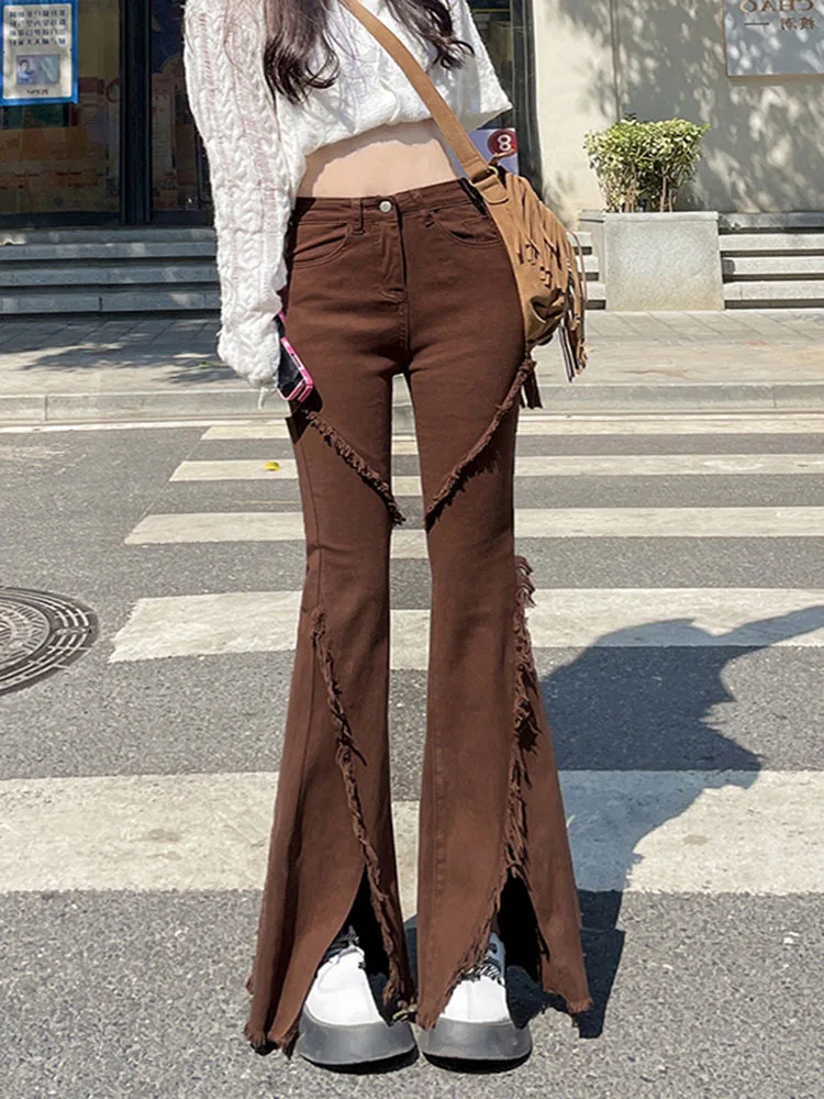 

Vintage Flare Jeans with Split Streetwear Elastic Fringe Denim Pants Y2K Aesthetic Retro 2000s Harajuku Casual Stretch Trousers