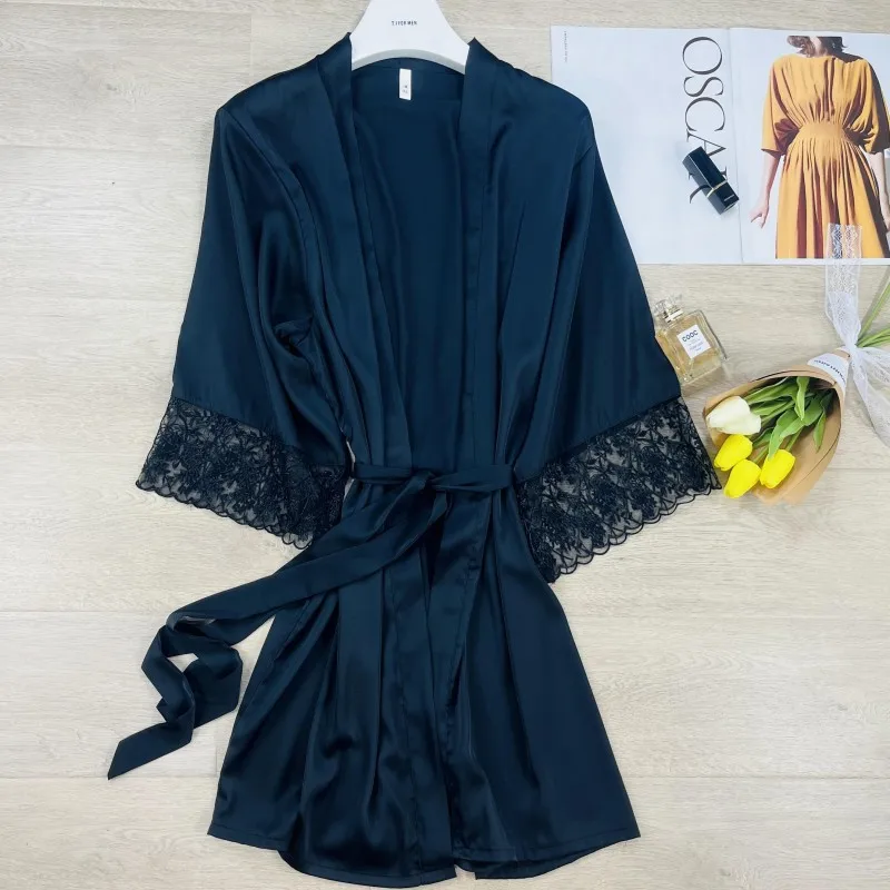 Twinset Robe Suit Female Spaghetti Strap Nightgown With Bathrobe Set Sexy V-Neck Sleepwear Lace Patchwork Loungewear Nightdress