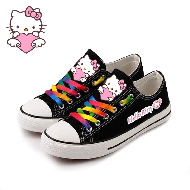 Sanrio Hello Kitty Cute Girl Black Canvas Shoes Cartoon Low Help Versatile Lolita Shoes Kitty Printed Shoes for Women 2024 New