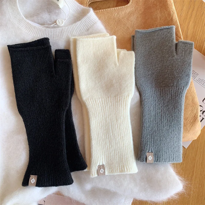Women Winter Half Palm Design Long Knitted Gloves Keep Warm Multi‑color High Elasticity Solid Cute Sweety Student Writing