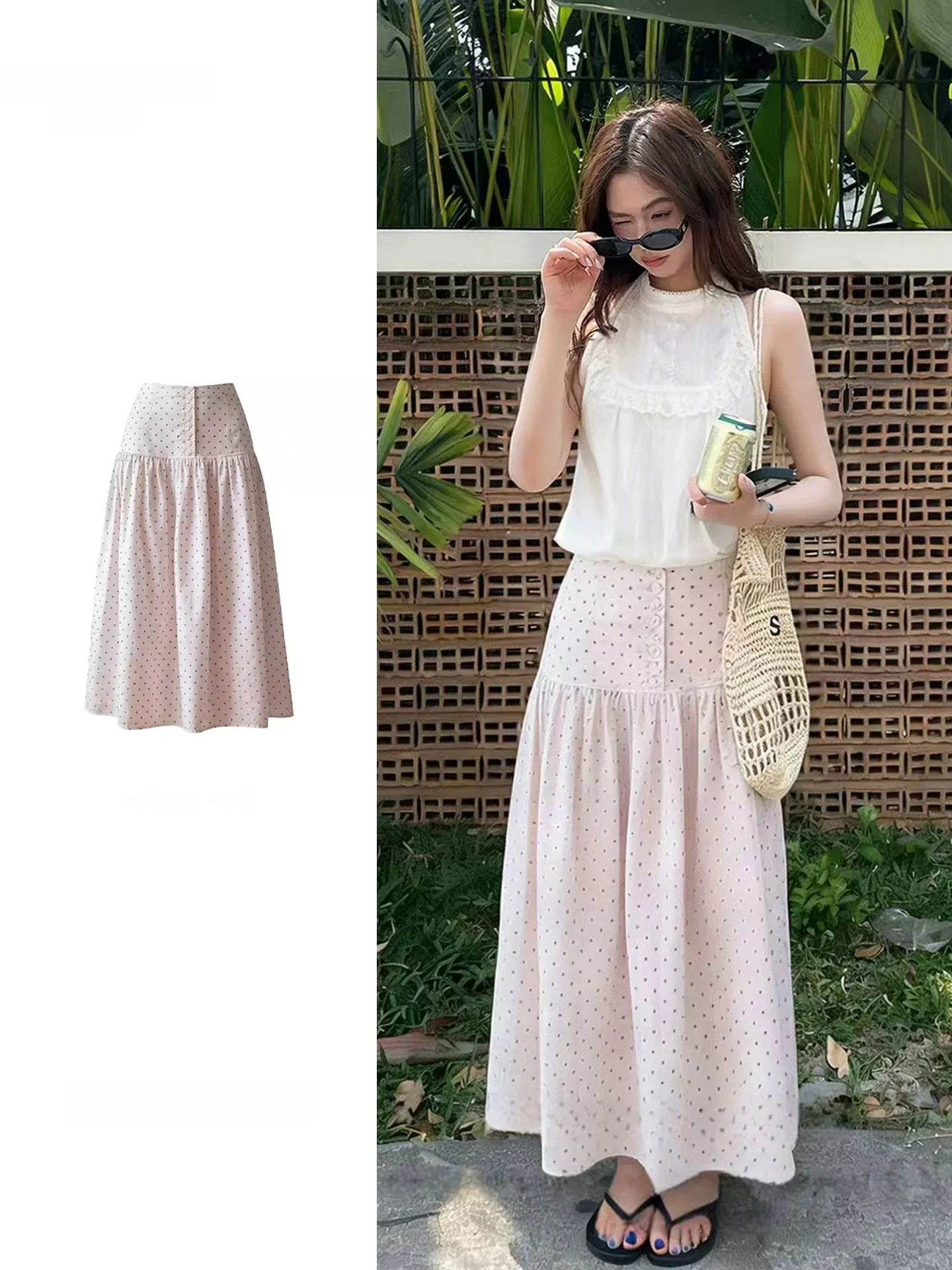 Beautiful plus Size Sister Pink Polka Dot Half Skirt Women's A-Line Summer New Style Elegant Long Skirt Soft Temperament