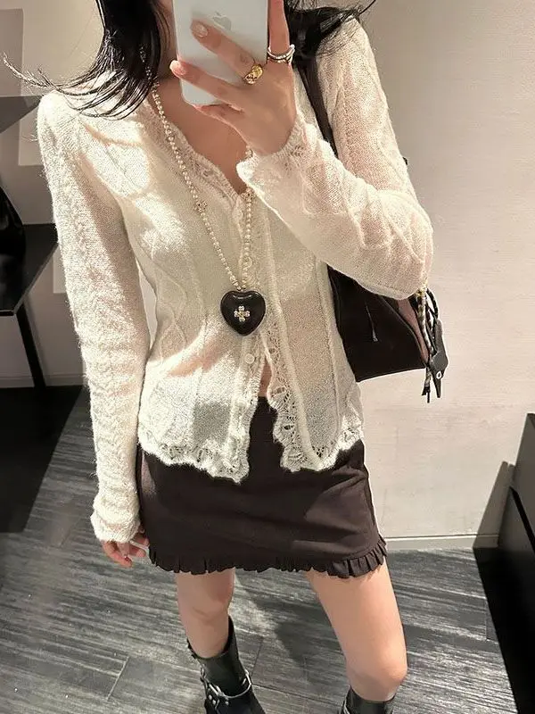 Suéter de punto de manga larga con encaje blanco para mujer, ajustado, con aberturas, top de capa base, cárdigan con cuello e...