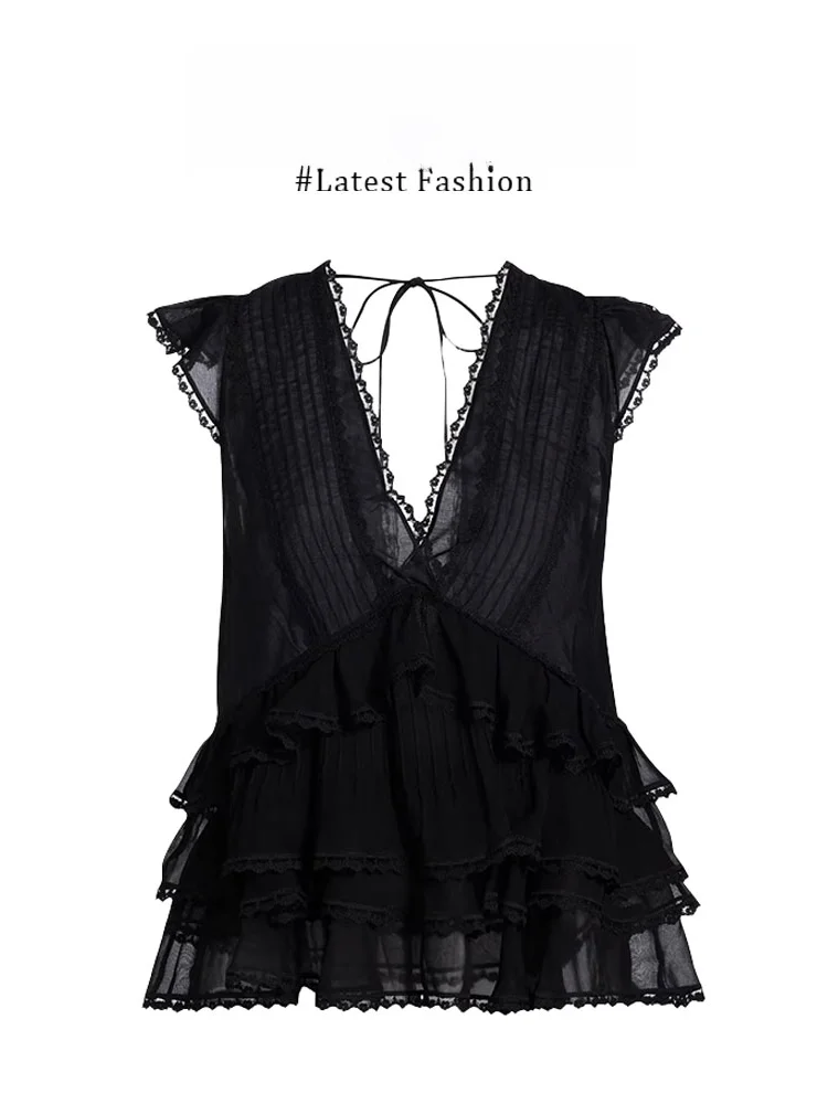 

Черная женская блузка Parkyeon с V-образным вырезом и кружевной отделкой, летняя новинка, приталенный крой, с цветочным принтом, свободный крой, из полиэстера