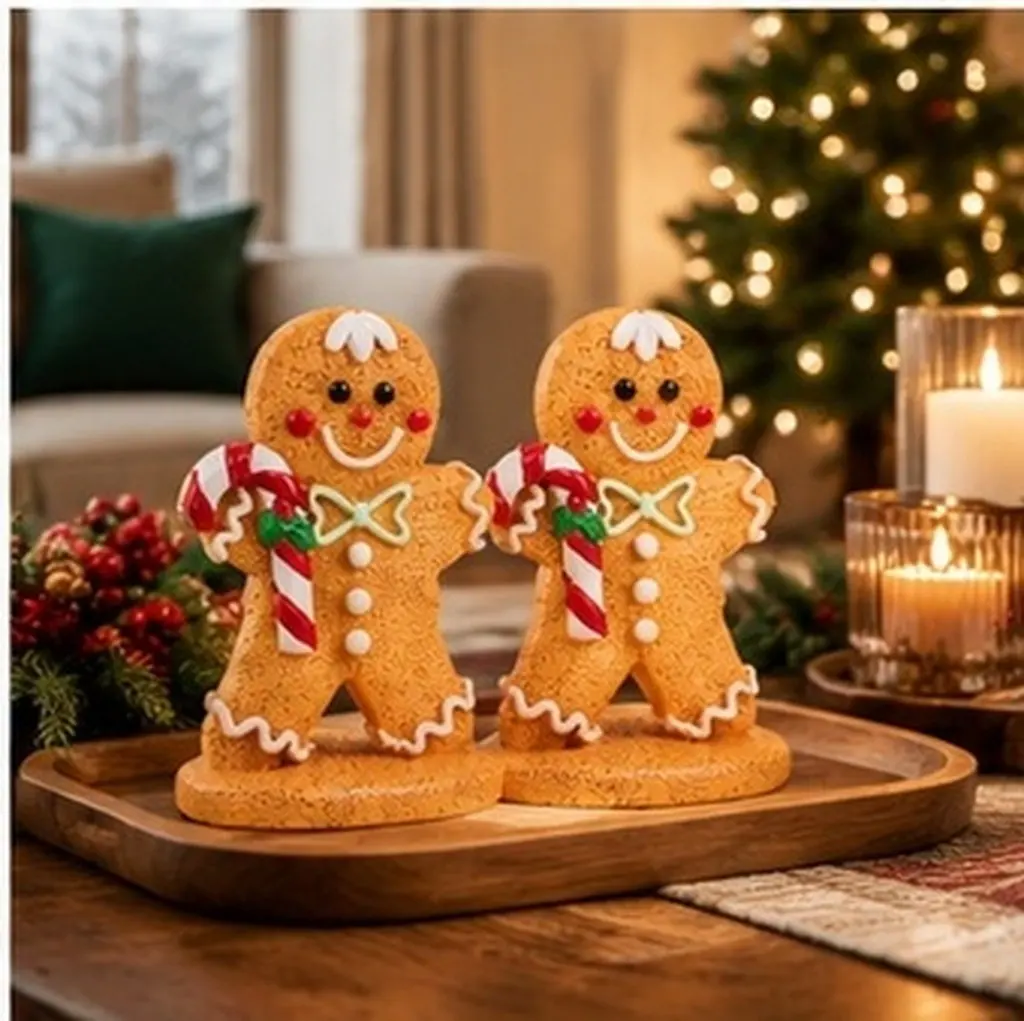 2Pcs Christmas Gingerbread Man Resin Ornaments Decorative Holiday Tabletop Xmas Home Decor Gingerbread Man Cutout