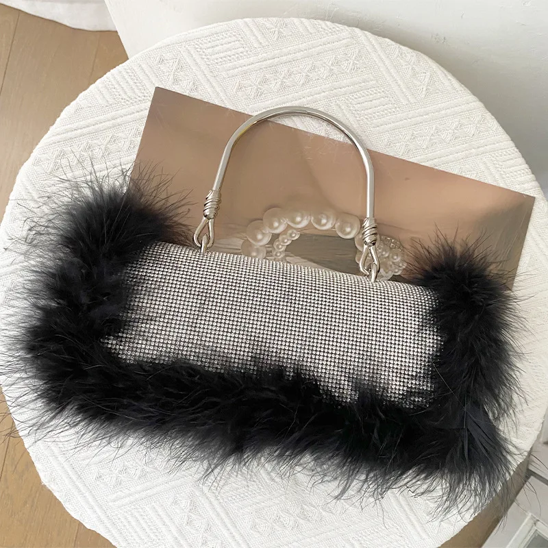 Moda avestruz pele sintética pena sacola senhoras brilhante diamante jantar festa casamento sacola